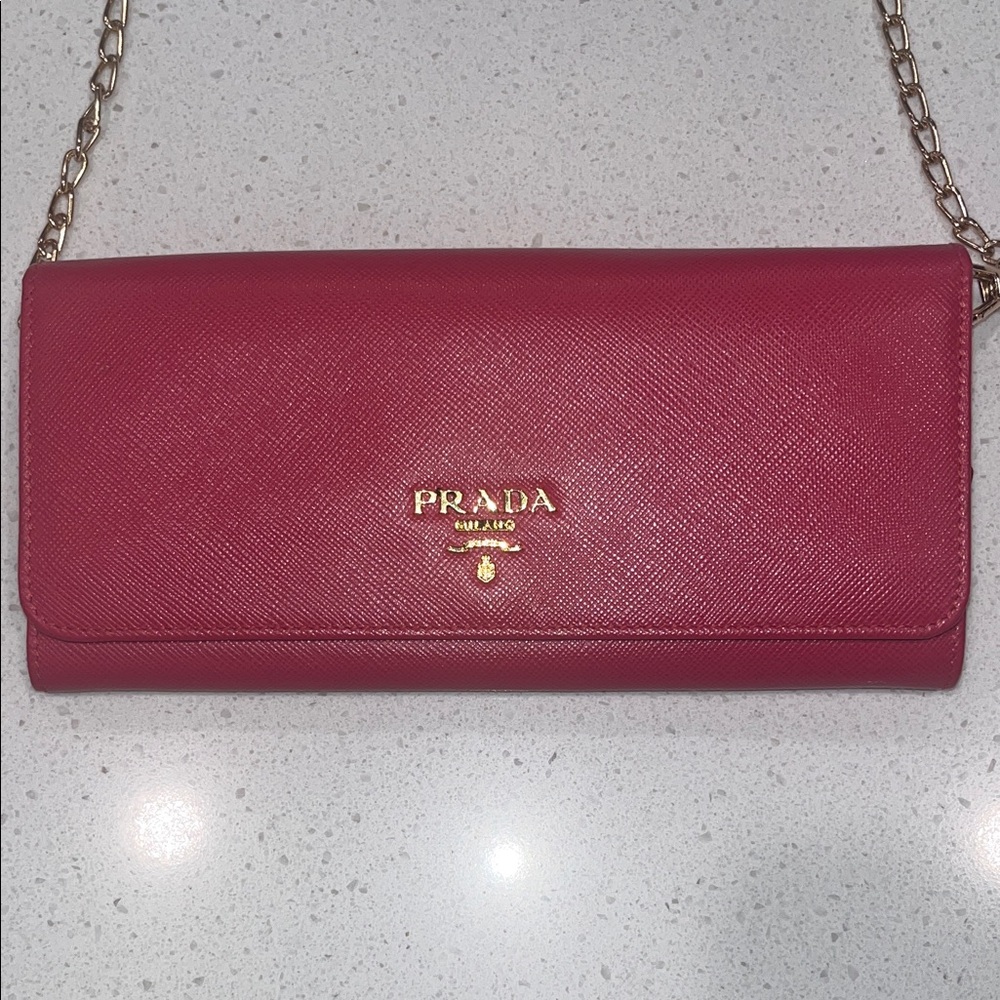 Prada Gold-Logo Pink Saffiano Chain Clutch